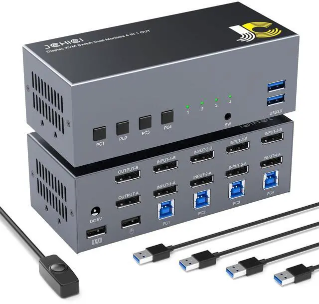 Main image of 8K@60Hz DisplayPort KVM Switch Dual Monitor for 4 Computers | 4K@144Hz DP 1.4 w/DSC | USB 3.0 Hub & Hotkey Switching | 1.5m Remote Controller