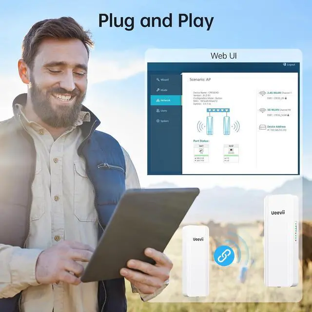 Alt view image 5 of 7 - Dual-Band Wireless Bridge Router Kit | 2.4G 5.8G WiFi Bridge | 5KM Point to Point Wireless Bridge Outdoor Network Starlink Extender for Barn/Shop | IP65 Weatherproof | Plug & Play