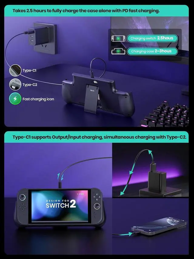 Alt view image 5 of 7 - Battery Pack for Nintendo Switch 2 (2025), 10000mAh PD/QC Fast Charging Case  Fully Charges in 2.5 Hours, LED Display, USB-C Ports, 2 Game Card Slots & Kickstand