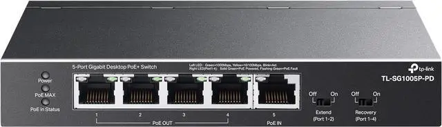 Main image of TL-SG1005P-PD | 5 Port Passthrough Gigabit Ethernet Switch | 1 PoE++ in@90W, 4 PoE+ Output up to 66W | Plug & Play | Extend Mode | QoS, IGMP, Auto Recovery | PoEPowered ONLY, Free Expert Help