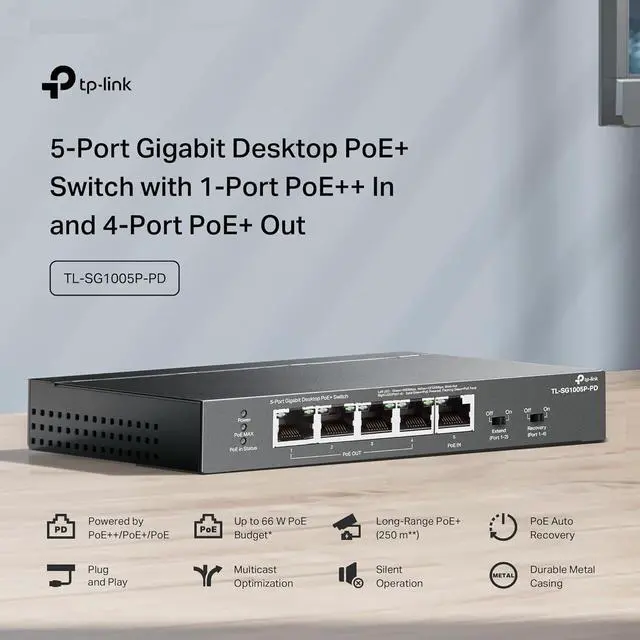 Alt view image 2 of 6 - TL-SG1005P-PD | 5 Port Passthrough Gigabit Ethernet Switch | 1 PoE++ in@90W, 4 PoE+ Output up to 66W | Plug & Play | Extend Mode | QoS, IGMP, Auto Recovery | PoEPowered ONLY, Free Expert Help