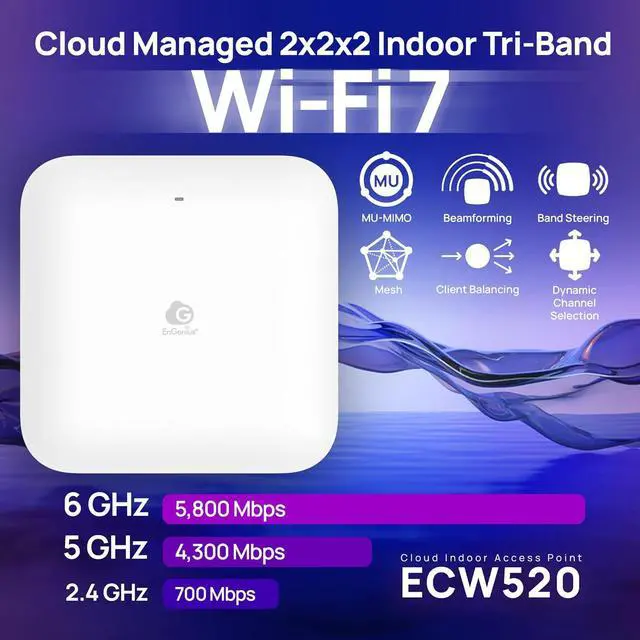 Alt view image 2 of 7 - ECW520 Wi-Fi 7 Tri-Band Indoor Access Point  10.8 Gbps Speeds, 2x2x2 MU-MIMO, 2.5GbE PoE+, 2.4/5/6GHz, 320MHz Channels, 1,200 Sq Ft Coverage, Cloud Managed, AC Adapter NOT Included