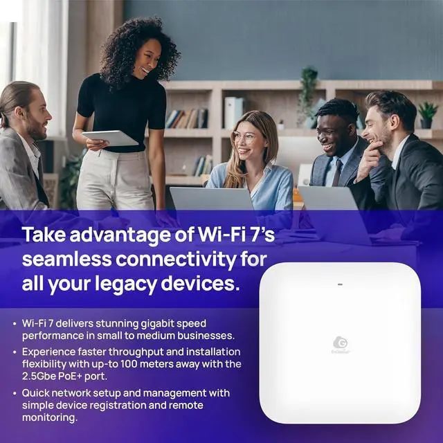 Alt view image 4 of 7 - ECW520 Wi-Fi 7 Tri-Band Indoor Access Point  10.8 Gbps Speeds, 2x2x2 MU-MIMO, 2.5GbE PoE+, 2.4/5/6GHz, 320MHz Channels, 1,200 Sq Ft Coverage, Cloud Managed, AC Adapter NOT Included