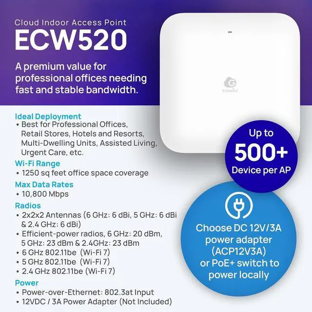 Alt view image 7 of 7 - ECW520 Wi-Fi 7 Tri-Band Indoor Access Point  10.8 Gbps Speeds, 2x2x2 MU-MIMO, 2.5GbE PoE+, 2.4/5/6GHz, 320MHz Channels, 1,200 Sq Ft Coverage, Cloud Managed, AC Adapter NOT Included