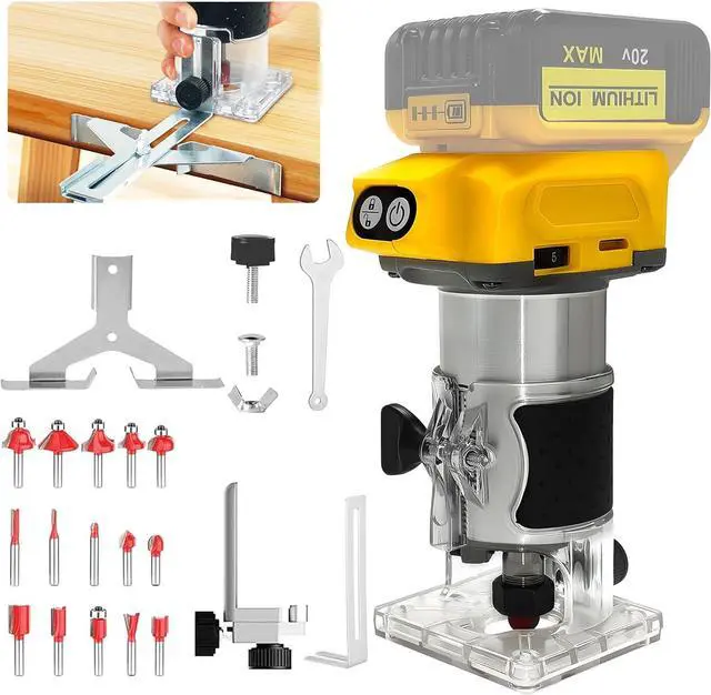 Main image of Cordless Wood Router Trimmer for Dewalt 20V Battery, 6 Speeds Wood Trimmer Set, 800W 30000 RPM Brushless Motor Hand Palm Router with 15pcs 1/4"Shank Router Bits for Woodworking,Slotting(NO Battery)