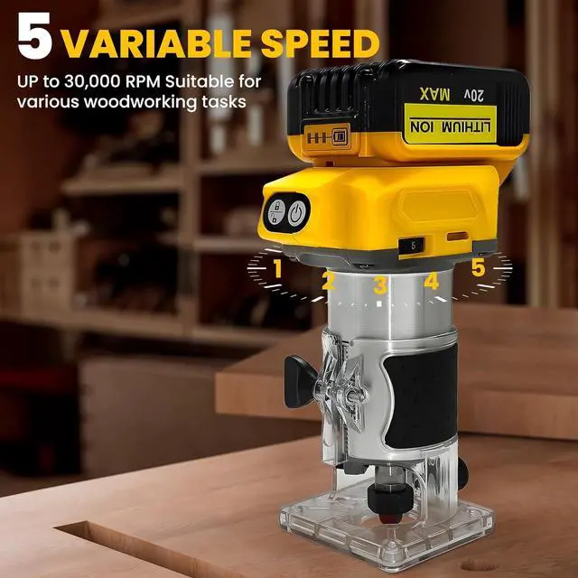 Alt view image 2 of 7 - Cordless Wood Router Trimmer for Dewalt 20V Battery, 6 Speeds Wood Trimmer Set, 800W 30000 RPM Brushless Motor Hand Palm Router with 15pcs 1/4"Shank Router Bits for Woodworking,Slotting(NO Battery)