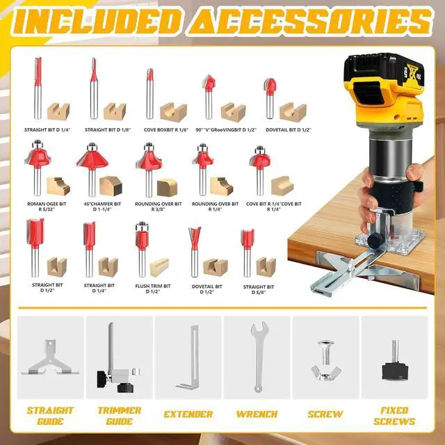 Alt view image 7 of 7 - Cordless Wood Router Trimmer for Dewalt 20V Battery, 6 Speeds Wood Trimmer Set, 800W 30000 RPM Brushless Motor Hand Palm Router with 15pcs 1/4"Shank Router Bits for Woodworking,Slotting(NO Battery)