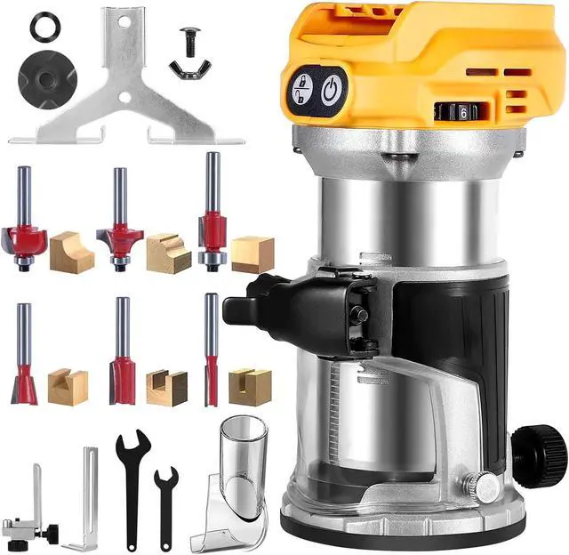 Main image of Cordless Router compatible with Dewalt 20V MAX battery (Battery not included), 6-speed, 800W 30,000 RPM, includes trim router bits, edge/roller guide, dust hood, Ideal for woodworking