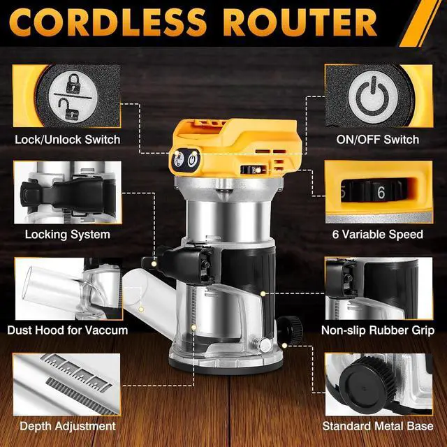 Alt view image 2 of 7 - Cordless Router compatible with Dewalt 20V MAX battery (Battery not included), 6-speed, 800W 30,000 RPM, includes trim router bits, edge/roller guide, dust hood, Ideal for woodworking