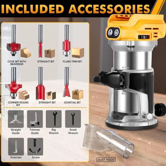Alt view image 3 of 7 - Cordless Router compatible with Dewalt 20V MAX battery (Battery not included), 6-speed, 800W 30,000 RPM, includes trim router bits, edge/roller guide, dust hood, Ideal for woodworking