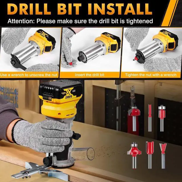 Alt view image 4 of 7 - Cordless Router compatible with Dewalt 20V MAX battery (Battery not included), 6-speed, 800W 30,000 RPM, includes trim router bits, edge/roller guide, dust hood, Ideal for woodworking