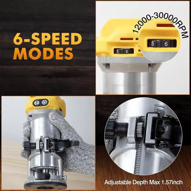 Alt view image 5 of 7 - Cordless Router compatible with Dewalt 20V MAX battery (Battery not included), 6-speed, 800W 30,000 RPM, includes trim router bits, edge/roller guide, dust hood, Ideal for woodworking