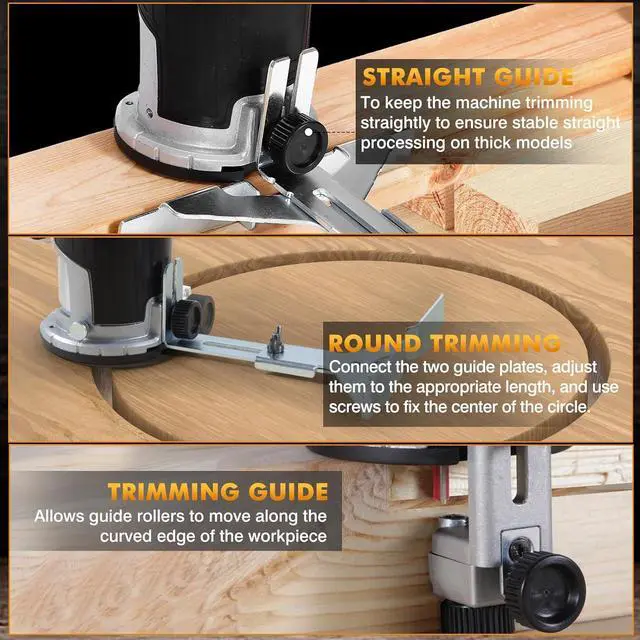 Alt view image 6 of 7 - Cordless Router compatible with Dewalt 20V MAX battery (Battery not included), 6-speed, 800W 30,000 RPM, includes trim router bits, edge/roller guide, dust hood, Ideal for woodworking