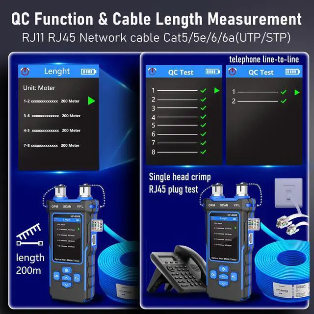 Alt view image 2 of 7 - NF-8508 Network Cable Tester with Optical Power Meter VFL, RJ11 RJ45/PoE Tester/CAT5 CAT6/length Measurement, Telephone line Trace Meter with Headset, Network Tools