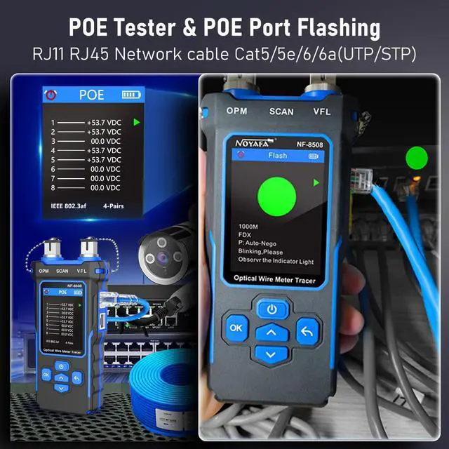 Alt view image 6 of 7 - NF-8508 Network Cable Tester with Optical Power Meter VFL, RJ11 RJ45/PoE Tester/CAT5 CAT6/length Measurement, Telephone line Trace Meter with Headset, Network Tools