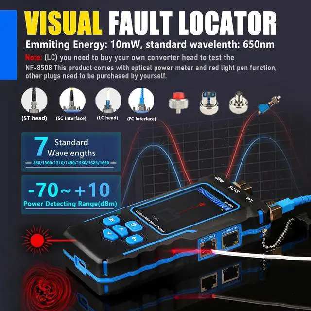Alt view image 4 of 7 - NF-8508 Network Cable Tester with Optical Power Meter VFL, RJ11 RJ45/PoE Tester/CAT5 CAT6/length Measurement, Telephone line Trace Meter with Headset, Network Tools