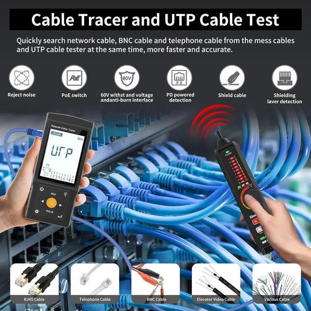 Alt view image 3 of 7 - Multifunction RJ45 Network Caber Tester,Cable Tracer,Rechargeable Wire Tester,UTP Conntinue and Plug Fault Test,Cable Length,VFL,OPM,IEEE 802.3bt/af/at and Non-standard POE Detect,Port Flashing,PD,NCV