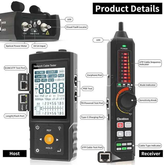 Alt view image 2 of 7 - Multifunction RJ45 Network Caber Tester,Cable Tracer,Rechargeable Wire Tester,UTP Conntinue and Plug Fault Test,Cable Length,VFL,OPM,IEEE 802.3bt/af/at and Non-standard POE Detect,Port Flashing,PD,NCV