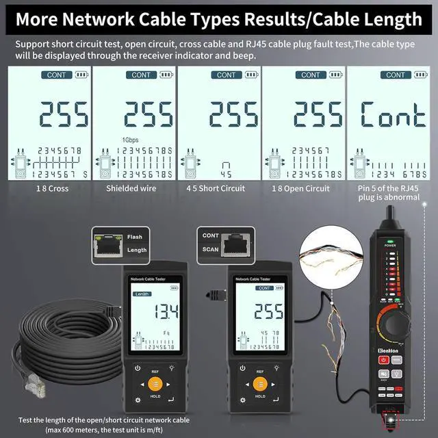 Alt view image 6 of 7 - Multifunction RJ45 Network Caber Tester,Cable Tracer,Rechargeable Wire Tester,UTP Conntinue and Plug Fault Test,Cable Length,VFL,OPM,IEEE 802.3bt/af/at and Non-standard POE Detect,Port Flashing,PD,NCV