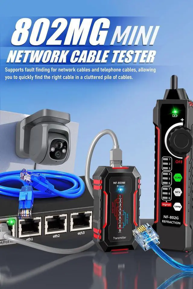 Alt view image 2 of 5 - NF-802MG Network Cable Tester with POE/Cat5/Cat5e/Cat6/Cat6a CAT3 Phone Line RJ11 RJ45 Ethernet LAN Telephone Cable Fault Finder with Toner Function (2025 New Version)