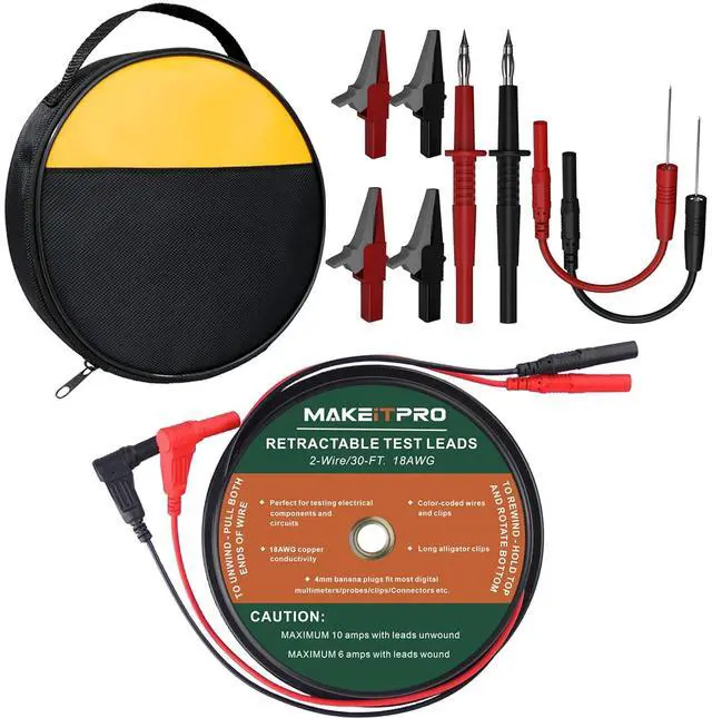 Main image of 2 Wires 30FT 18AWG Retractable Test Leads with Cable Bag and Dual Ended Electrical Alligator Clips Test Probe Lead Wire Cables for Circuit Connection/Electrical Testing and Troubleshooting