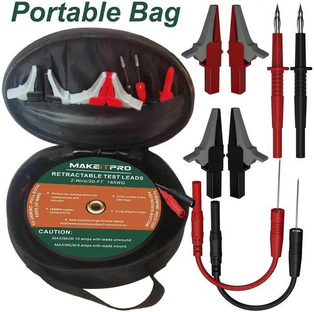 Alt view image 4 of 7 - 2 Wires 30FT 18AWG Retractable Test Leads with Cable Bag and Dual Ended Electrical Alligator Clips Test Probe Lead Wire Cables for Circuit Connection/Electrical Testing and Troubleshooting