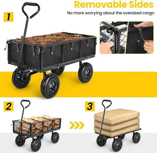 Alt view image 2 of 7 - Steel Garden Cart 880 lbs Capacity Heavy Duty Garden Wagons,with Removable Steel Mesh Sides to Convert into Flatbed,Utility Metal Wagon w/ 180°Rotating Handle and 2 Tags Recyclable