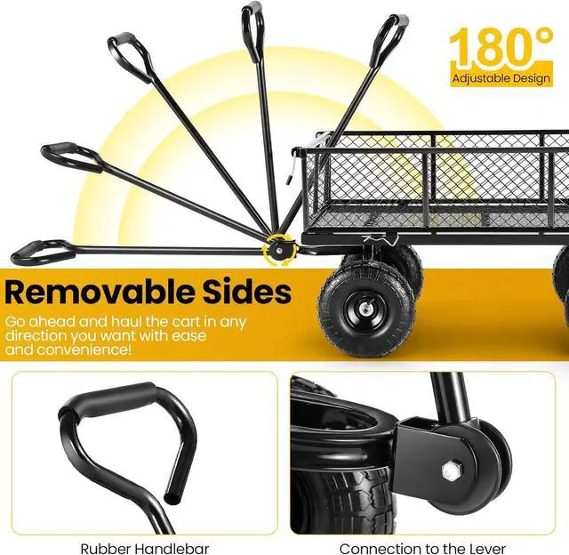 Alt view image 3 of 7 - Steel Garden Cart 880 lbs Capacity Heavy Duty Garden Wagons,with Removable Steel Mesh Sides to Convert into Flatbed,Utility Metal Wagon w/ 180°Rotating Handle and 2 Tags Recyclable