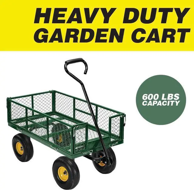 Alt view image 2 of 7 - Garden Cart Heavy Duty Steel with Removable Mesh Sides to Convert into Flatbed, Utility Carts with Wheels, Yard and Garden Wagon, 600 Lb, Green
