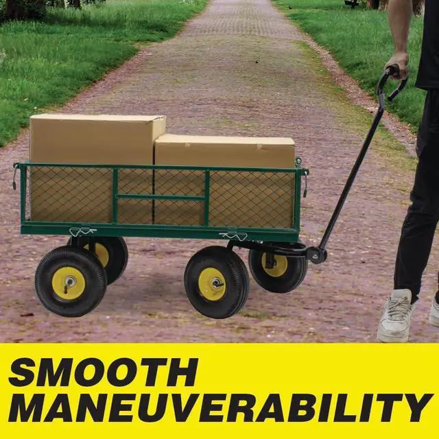 Alt view image 7 of 7 - Garden Cart Heavy Duty Steel with Removable Mesh Sides to Convert into Flatbed, Utility Carts with Wheels, Yard and Garden Wagon, 600 Lb, Green