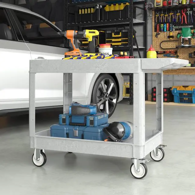 Alt view image 2 of 7 - Heavy Duty Plastic Utility Cart with Wheels, Rolling Flatbed Tool Cart on Wheels, Service Cart for Garage, Warehouse, Workshop, Office, Cleaning (Gray-45.7 inch)