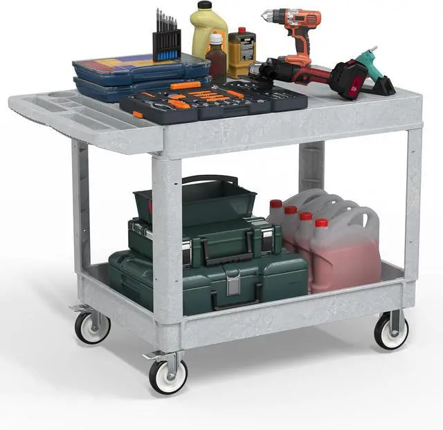 Main image of Heavy Duty Plastic Utility Cart with Wheels, Rolling Flatbed Tool Cart on Wheels, Service Cart for Garage, Warehouse, Workshop, Office, Cleaning (Gray-45.7 inch)