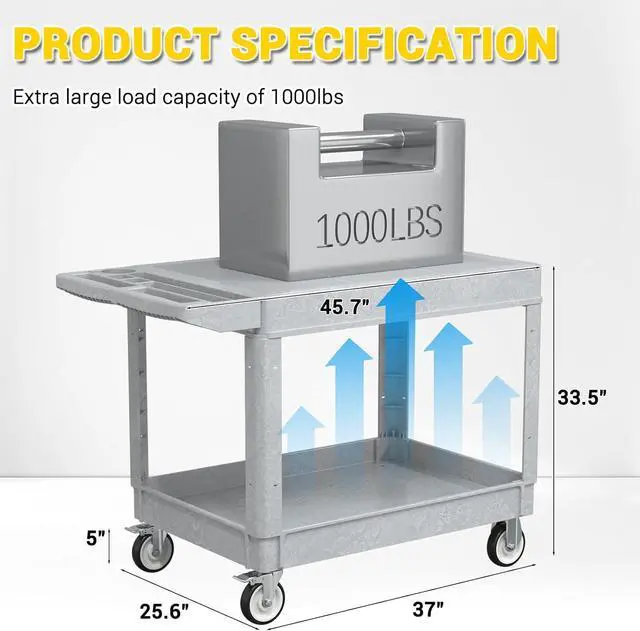 Alt view image 4 of 7 - Heavy Duty Plastic Utility Cart with Wheels, Rolling Flatbed Tool Cart on Wheels, Service Cart for Garage, Warehouse, Workshop, Office, Cleaning (Gray-45.7 inch)
