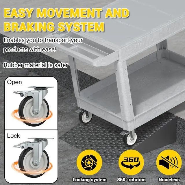 Alt view image 6 of 7 - Heavy Duty Plastic Utility Cart with Wheels, Rolling Flatbed Tool Cart on Wheels, Service Cart for Garage, Warehouse, Workshop, Office, Cleaning (Gray-45.7 inch)
