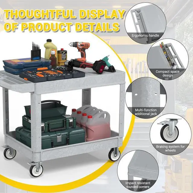 Alt view image 5 of 7 - Heavy Duty Plastic Utility Cart with Wheels, Rolling Flatbed Tool Cart on Wheels, Service Cart for Garage, Warehouse, Workshop, Office, Cleaning (Gray-45.7 inch)