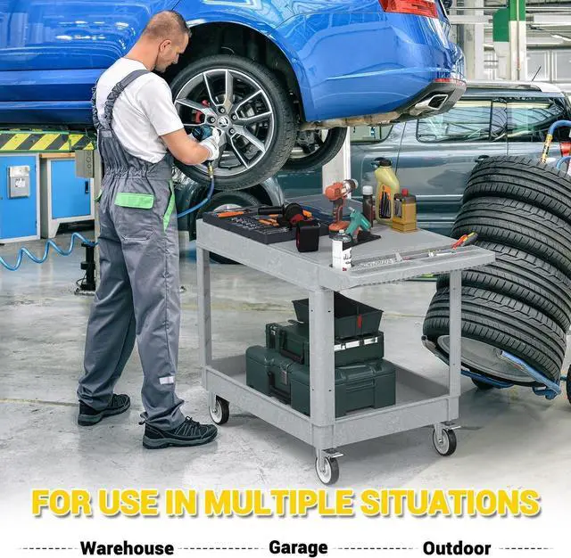 Alt view image 7 of 7 - Heavy Duty Plastic Utility Cart with Wheels, Rolling Flatbed Tool Cart on Wheels, Service Cart for Garage, Warehouse, Workshop, Office, Cleaning (Gray-45.7 inch)