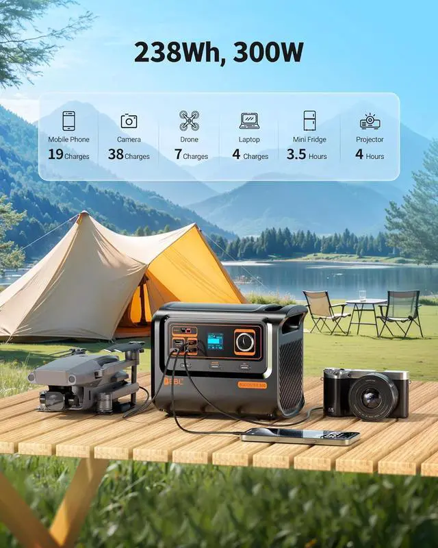 Alt view image 3 of 6 - Booster 300W Portable Power Station with 40W Solar Panel, 300W AC/60W USB-C Fast Charging, Solar Generator for Outdoor Adventures, 238Wh LiFePO4 Battery Bank for Camping, Home Backup & Emergencies