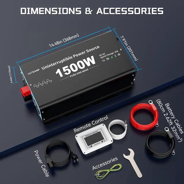 Alt view image 7 of 7 - 1500W Sump Pump Battery Backup System, Pure Sine Wave Power Inverter with Charger, Backup System for Power Outage, LCD Screen Remote Controller, Automatic Switching for Grid and Battery
