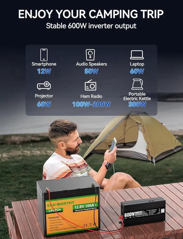 Alt view image 4 of 7 - 600W Pure Sine Wave Inverter Charger, Power Inverter with 25A LiFePO4 Battery Charger, 12V to 110V for UPS Backup Power Deep-Cycle Batteries RV Boat Home