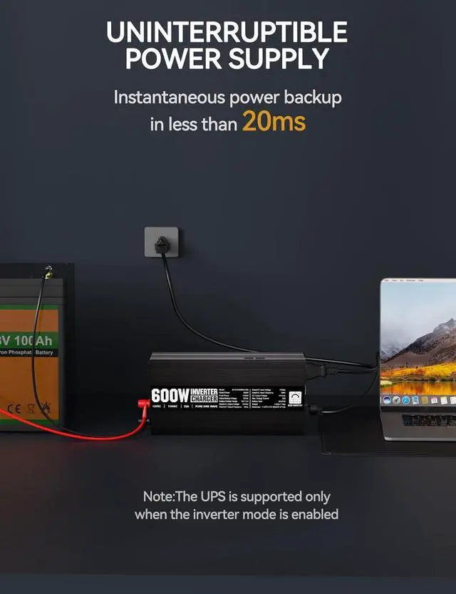 Alt view image 6 of 7 - 600W Pure Sine Wave Inverter Charger, Power Inverter with 25A LiFePO4 Battery Charger, 12V to 110V for UPS Backup Power Deep-Cycle Batteries RV Boat Home