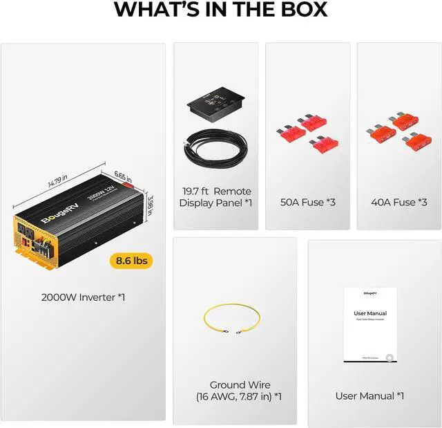 Alt view image 7 of 7 - 2000W Pure Sine Wave Inverter Convert 12V DC to 120V /110V AC, Fully 2000W Output, Built-in BT for  APP, Wired Remote Controller, Off-Grid Solar System, RV, Backup Power