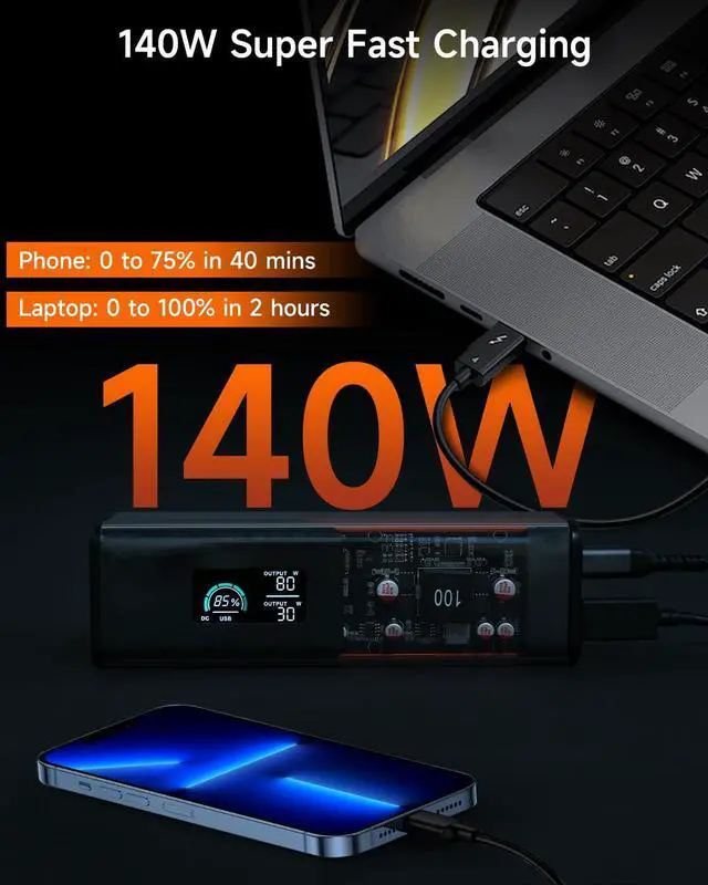 Alt view image 2 of 7 - Laptop Power Bank with AC Outlet 110V/100W, 140W Super Fast Charging USB-C, 27000mAh Portable Laptop Charger, Power Bank for Camping Home use, Battery Backup for WiFi Router CPAP