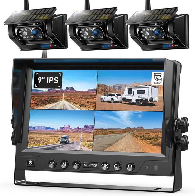 Main image of 3 Magnetic Solar Wireless Backup Camera System, Quad RV Rearview Backup Cameras Wireless System with HD1080P 9 Inch DVR Monitor for Trailer RV Trucks, Built-in 9600mAh Solar Battery, BL903