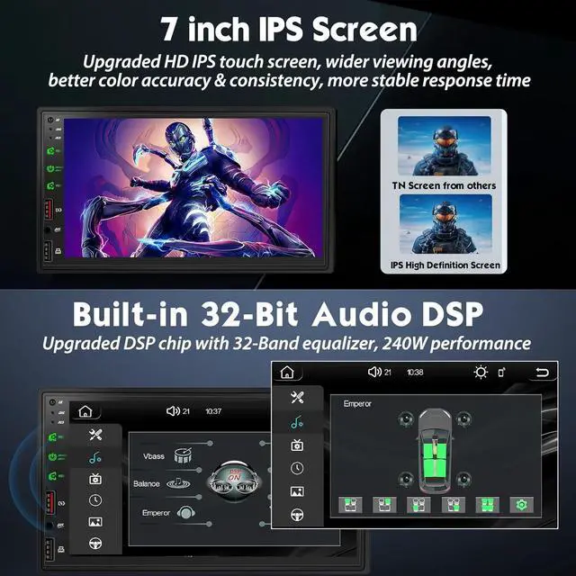Alt view image 4 of 7 - [Upgraded DSP] 7'' Double Din Car Stereo with Wireless Apple Carplay Android Auto, 240W Powerful Sound, FM/AM Radio, 7 Inch LCD Ultra HD Touchscreen, Bluetooth Handsfree, Waterproof Backup Camera, SWC