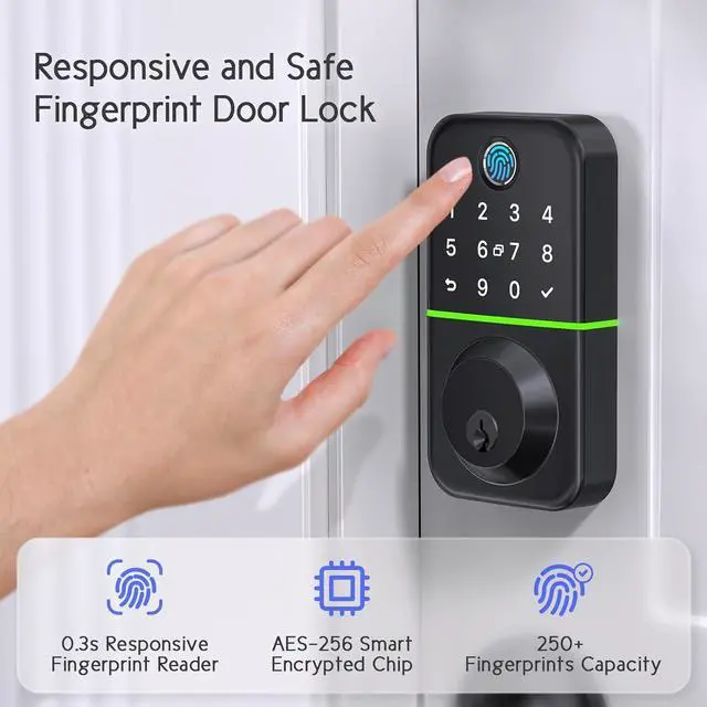 Alt view image 4 of 6 - Keypad Handle Set Smart Lock - Fingerprint Deadbolt with 2 Levers - APP Controlled Keyless Entry - Waterproof & Electronics