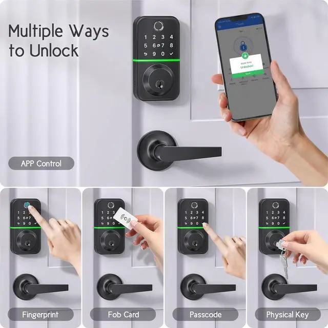 Alt view image 2 of 6 - Keypad Handle Set Smart Lock - Fingerprint Deadbolt with 2 Levers - APP Controlled Keyless Entry - Waterproof & Electronics
