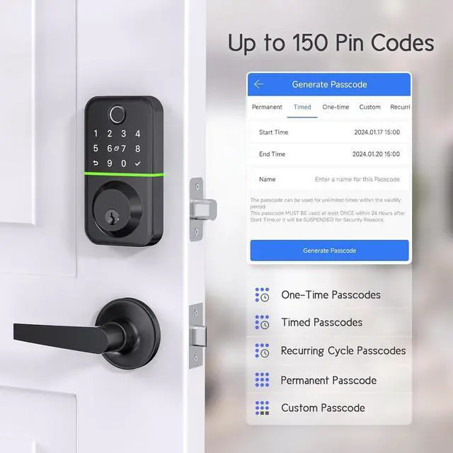 Alt view image 3 of 6 - Keypad Handle Set Smart Lock - Fingerprint Deadbolt with 2 Levers - APP Controlled Keyless Entry - Waterproof & Electronics