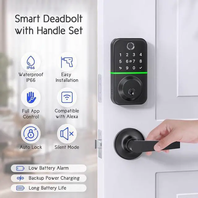 Alt view image 5 of 6 - Keypad Handle Set Smart Lock - Fingerprint Deadbolt with 2 Levers - APP Controlled Keyless Entry - Waterproof & Electronics