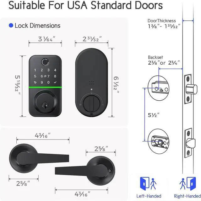 Alt view image 6 of 6 - Keypad Handle Set Smart Lock - Fingerprint Deadbolt with 2 Levers - APP Controlled Keyless Entry - Waterproof & Electronics