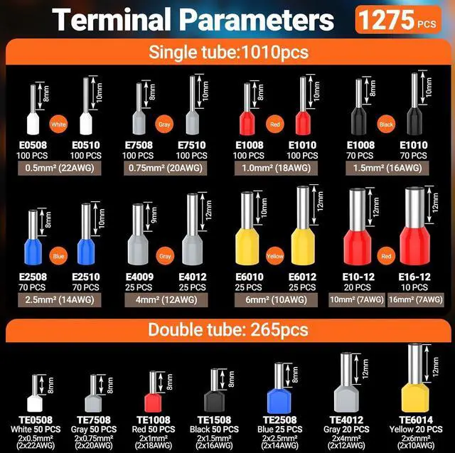 Alt view image 3 of 7 - Ferrule Crimping Tool Kit, Self-Adjustable Ratchet Crimper for AWG 28-5 Ferrules - Includes 1275PCS Hexagonal Double & Single Wire Connectors